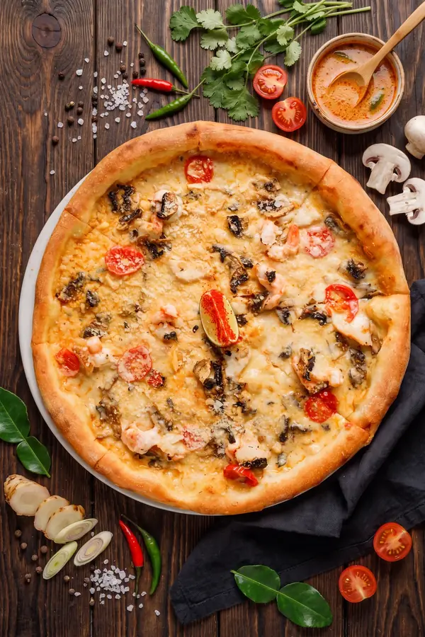 Пицца том ям с курицей и креветками, 30см