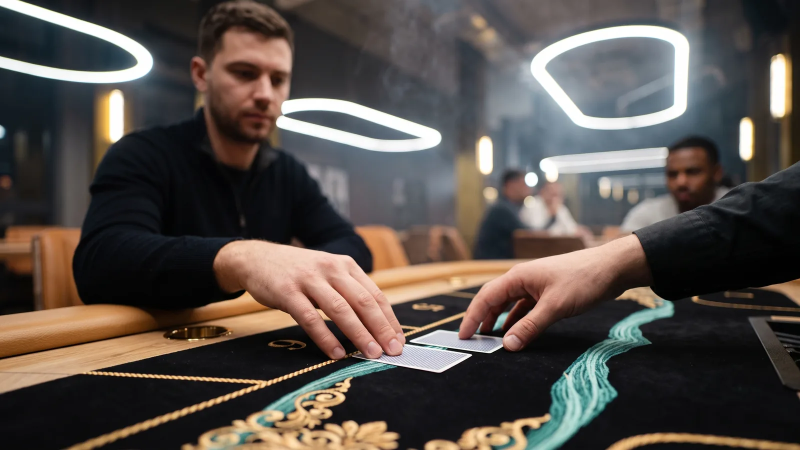 Игрок аккуратно отправляет две закрытые карты дилеру