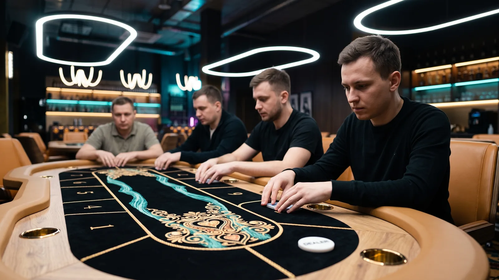 Ряд игроков вдоль покерного стола, ближний игрок с баттоном перед собой